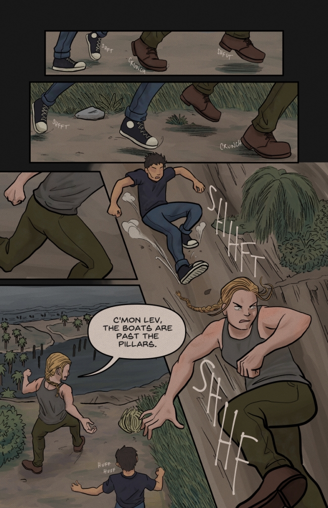 A comic page. The first two panels show legs running. Then a torso running. We then see the characters Abby and Lev from the game, The Last of Us Part II in the frame. They’re overlooking an overcast beach. Abby says, “C’mon Lev. The boats are past the pillars”. In the next frame we see Abby and Lev sliding down the cliff.